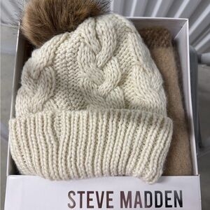 Steve Madden Cream Cable Knit Beanie with Brown Pom